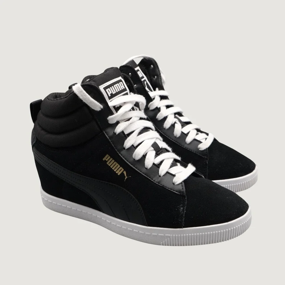 Puma Vikky Wedge Women Black Suede Hidden Heel Streetwear 8 356049 01